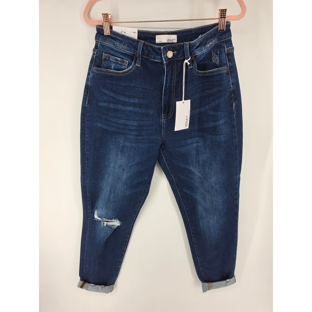 Vervet Erika High Rise Mom Jeans Dark Wash Distressed Stretch Denim VT1196 29